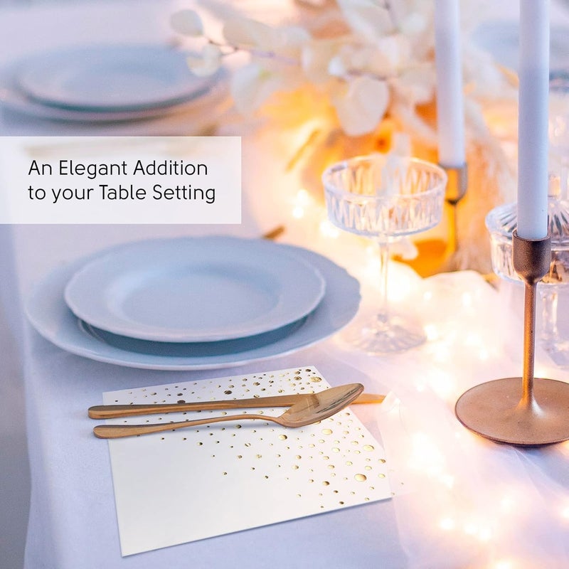 The Essential Concierge 100 Pack Gold & White Disposable Napkins, 7.5 x 4.25 Inch, 3-Ply Paper Napkins for Party, Wedding, or Everyday Use - Image 4